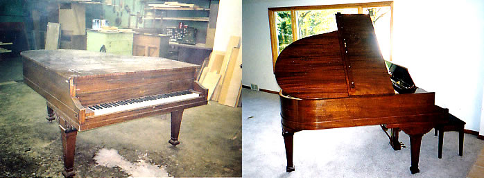 Grand piano refinish before & after photo